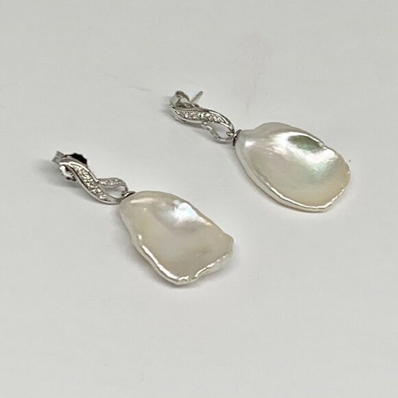 Diamond Large Fresh Water Pearl Earrings Baroque 14k Gold Certified $1950 914369 - Picture 7 of 9